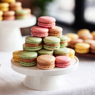 Elegant biscuit macarons in vibrant colors displayed on a long dessert table  clipart