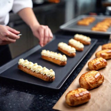 low-angle shot focusing on a chef carefully glazing a freshly made eclairs, with an establishing shot that captures the entire kitchen ambiance, using a tilt-shift effect to highlight the artistry of the dessert. clipart