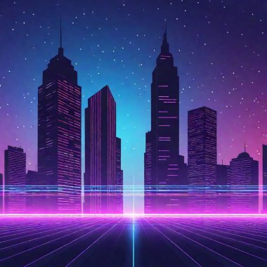 A synthwave-inspired city skyline, full shot with glowing neon signs, holographic billboards, and retro 80s-style architecture, illuminated by pink and blue hues clipart