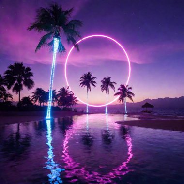 A full shot of a synthwave-inspired beach at night, glowing neon palm trees and waves reflecting the vibrant sky, shallow focus on the neon elements clipart