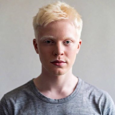 close-up portrait of  male person with Albinism in natural lighting. Full shot from eye level, with shallow focus isolating their expressive face against a softly blurred environment. clipart