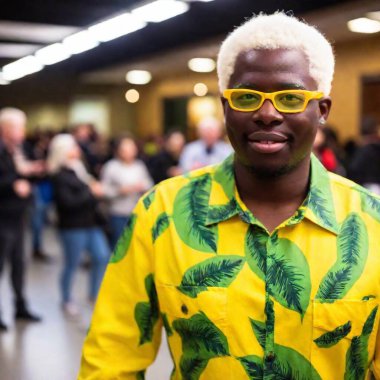 african-american black man with Albinism in a brightly colored, modern outfit at a fashion show clipart