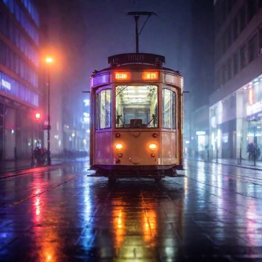 futuristic tram gliding through a rain-soaked street, neon lights slicing through the misty air and reflecting off the ground clipart