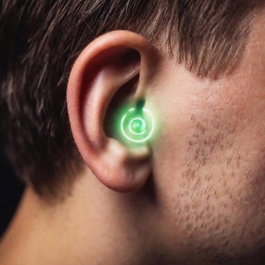 A person's ear embedded with delicate, plant-like bio-circuits glowing faintly, merging the organic with the technological. Close Up clipart