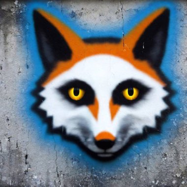 Graffiti showing a digital fox with glowing eyes, its body dissolving into streams of bright pixels on a rain-washed wall.  clipart