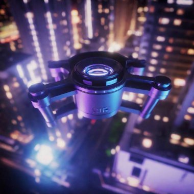 An extreme close-up of a sleek autonomous drone's camera lens reflecting neon lights from a bustling cyberpunk cityscape. Extreme Close Up (ECU), Split Diopter, Eye Level Shot clipart