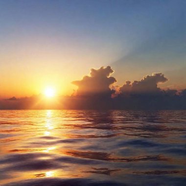 mesmerizing sunrise over a calm, expansive ocean. The sun, positioned at the horizon, casts radiant, golden beams outward, merging seamlessly into the gradient sky of warm oranges and cool blues clipart