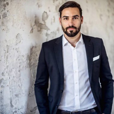 Man in a sharp black suit, neatly fitting a white dress shirt. He stands confidently against a textured, distressed white wall, with subtle grayish tones and patches of exposed cement, woven with cracks clipart