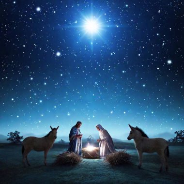 Mary and Joseph, dressed in flowing robes, adoring the newborn Jesus in manger.  clipart