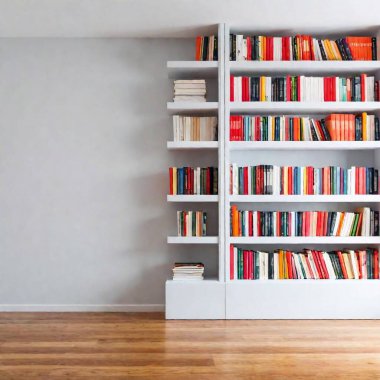 multiple bookshelves filled with a diverse collection of hardcover and paperback books. The shelves are organized in a white wooden framework, creating a bright and clean aesthetic. clipart