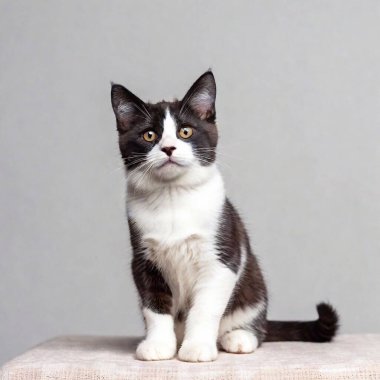 Very cute blue and white Tailed Cymric (Longhaired Manx) cat kitten sitting in the center of the frame isolated on a white background, on hind paws, looking up and away from the camera. clipart