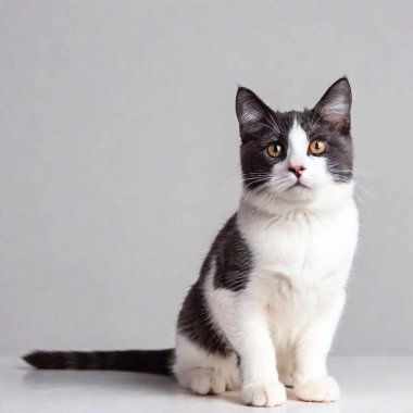 Very cute blue and white Tailed Cymric (Longhaired Manx) cat kitten sitting in the center of the frame isolated on a white background, on hind paws, looking up and away from the camera. clipart