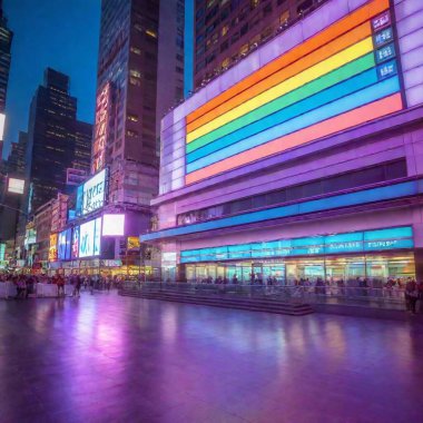 A dynamic 3D scene of Times Square, with ultra-modern architecture and flashing digital billboards, as a futuristic metro station releases a massive rainbow of neon colors, filling the space with light and energy for a high-energy promo feel clipart