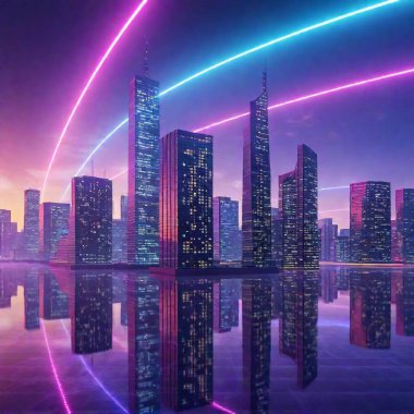 A stunning 3D CGI futuristic city skyline, with luminous skyscrapers and neon-lit streets. Glowing clouds morph into magical animals like a majestic winged horse and glowing dolphins, as a rainbow arcs across the sky. Digital billboards come to life clipart