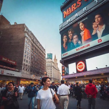 A crowd gathered under massive, floating retro-futuristic billboards showing 1950s-style ads for 