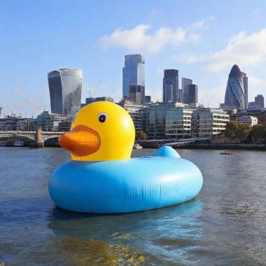 Giant, inflatable bath duck floating in the Thames River near London's Tower Bridge. The oversized yellow duck towers over the water, its glossy surface reflecting the sunlight as it drifts majestically beneath the iconic bridge. clipart