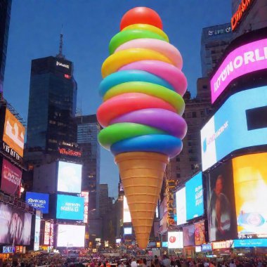 A massive, brightly-colored ice cream cone floats above the bustling Times Square in New York. The cone radiates neon-like lights and is surrounded by swirling candy-like clouds, contrasting with the iconic billboards, skyscrapers, and crowded clipart