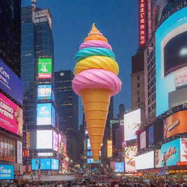 A massive, brightly-colored ice cream cone floats above the bustling Times Square in New York. The cone radiates neon-like lights and is surrounded by swirling candy-like clouds, contrasting with the iconic billboards, skyscrapers, and crowded clipart