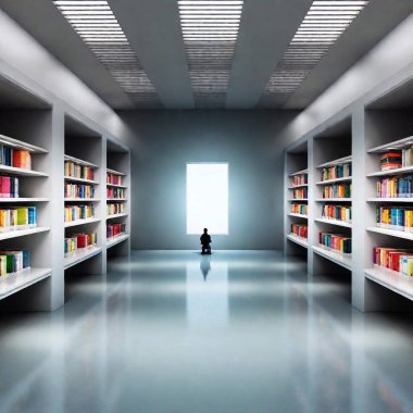 A minimalistic, futuristic library with cold, stark architecture and rows of high-tech shelves clipart