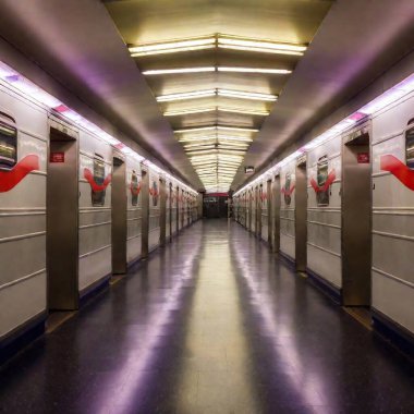 A modern subway station with bright neon lights clipart