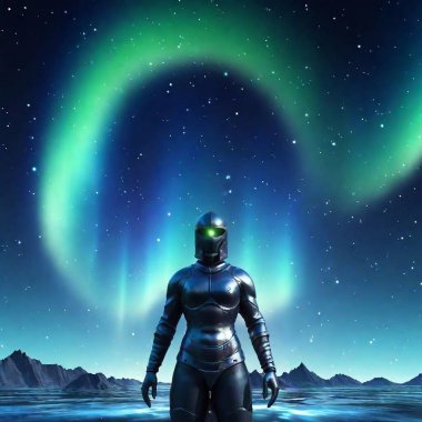 A cybernetic Viking captain in metallic armor and a glowing helmet steers a massive spaceship, shaped like a Viking longship, through the swirling auroras of the Northern Lights. The ship's runes pulse with energy as the aurora lights shimmer clipart