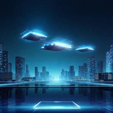 A futuristic spaceport where ships dock in mid-air, suspended by invisible forces, with transparent platforms connecting to floating terminals. The spaceport is surrounded by a city that never sleeps, with neon lights reflecting off the hovering clipart