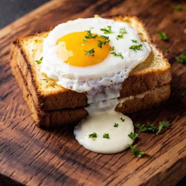 A close-up, eye-level shot of a croque madame with crispy edges, creamy bechamel sauce visible, garnished with fresh parsley on a textured wooden board. clipart