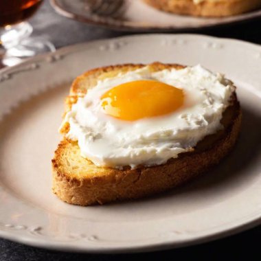 Deep focus shot of a croque madame placed on a classic Italian plate, with steam wafting up from the hot cheese and the yolk gleaming in the light clipart