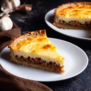 Close-up of a macaroni pie slice on a white plate, each layer of pasta captured in sharp detail against a dramatic dark background, highlighting the dish's cheesy, crispy top. clipart