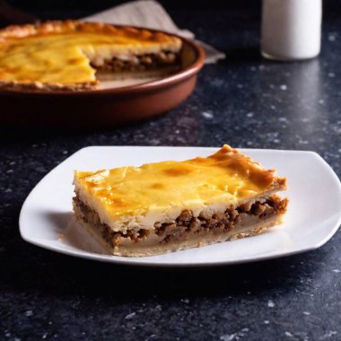 A close-up of a square piece of macaroni pie on a pristine white plate, with deep focus highlighting the crispy, golden crust and creamy layers against a dark, moody background. clipart