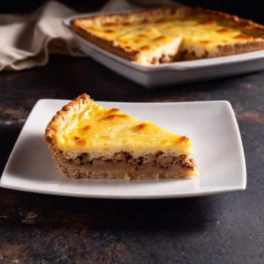 A slice of macaroni pie on a white plate, golden and bubbling with cheese, captured up close and in deep focus against a shadowy background. clipart