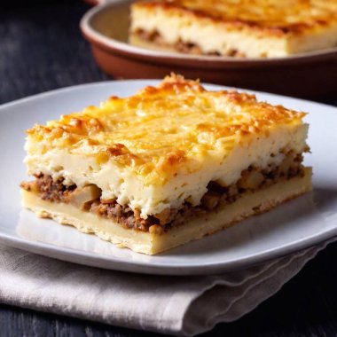 A square piece of macaroni pie with a crispy top and gooey center on a white plate, close-up and in deep focus to showcase texture, set against a dark backdrop. clipart