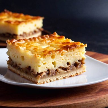 Close-up of a macaroni pie square, crispy and bubbling, resting on a white plate, with a dark background that enhances the contrast and texture of the food. clipart