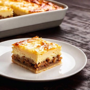 A square piece of macaroni pie on a white plate, with golden edges and cheesy layers captured in deep focus, set against a softly lit dark background. clipart