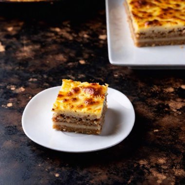 An eye-level shot of a square slice of macaroni pie on a white plate, each pasta layer visible in deep focus, highlighted against a rich, dark background for dramatic effect clipart