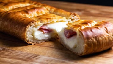 A close-up view of a Danubio Salato pie, highlighting the soft, golden dough balls glistening with a buttery sheen. One dough ball is pulled apart, with gooey mozzarella stretching and small chunks of ham visible. The black background emphasizes the clipart