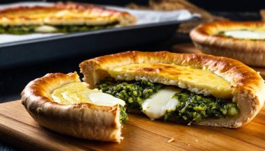 A close-up view of a Danubio Salato pie, with its buttery, golden dough balls glistening under soft light. One ball is split open, showcasing melted mozzarella stretching and pesto spilling out. The black background emphasizes the vivid green clipart