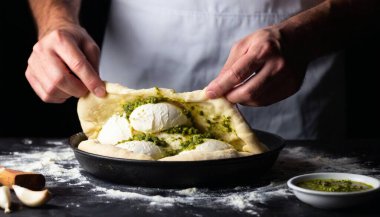 Under a focused light, a chef's hands tear apart a dough ball from a Danubio Salato pie. Gooey mozzarella stretches and pesto spills out, with the shiny crust reflecting the light. The black background ensures all attention is on the action and clipart