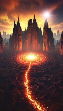 A labyrinth made of flowing lava and crystal, in a fantastical otherworldly style. clipart