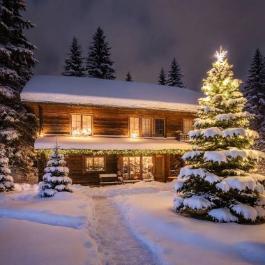 A cozy winter cabin with a glowing fireplace, decorated for Christmas, surrounded by snow-covered pine trees clipart