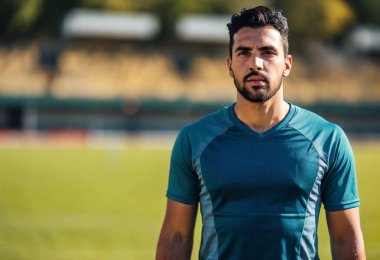 A close-up of the focused face of a sweating Hispanic soccer player in mid-action, shot from a low angle. clipart