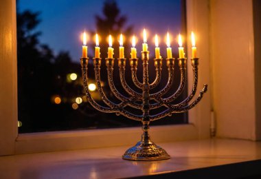 A medium shot of a silver menorah on a windowsill, casting shadows from the warm, flickering candles against a dark night sky outside. clipart