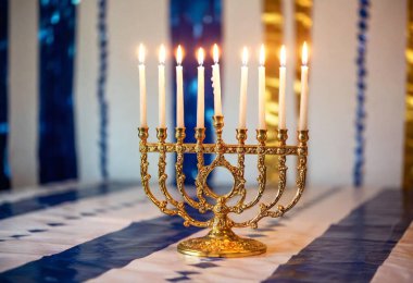 A full shot of Hanukkah-themed candles arranged in a decorative holder, their flames dancing softly in front of a holiday-themed background with blue, gold, and white accents. clipart