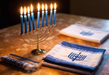 A medium shot of blue and white Hanukkah napkins folded next to a lit menorah, with a glowing candle flame creating soft, warm lighting. clipart