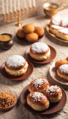 A high angle view of traditional foods, including sufganiyot, latkes, and gelt, with a menorah positioned beside them, glowing in the soft light. clipart