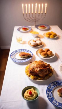 A medium-wide shot of a festive dinner table with a glowing menorah in the middle, next to decorative bowls of latkes, gefilte fish, and challah bread. clipart