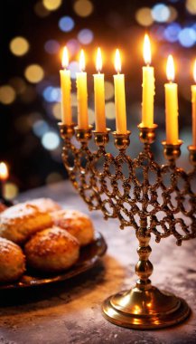 A close-up shot of bright, glowing candles on a menorah with latkes and gefilte fish in the background, adding warmth to the festive scene. clipart