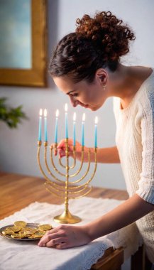 A side view of a female arranging a Hanukkah centerpiece, placing gelt coins near the menorah's light with small blue candles glowing softly. clipart