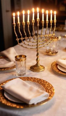 A full shot of a beautifully set dining table with a menorah glowing beside a vintage menorah, surrounded by decorative gelt and napkins. clipart