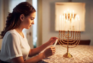 A side view of a female arranging candles in a menorah, with golden star-of-David ornaments hanging in the background. clipart